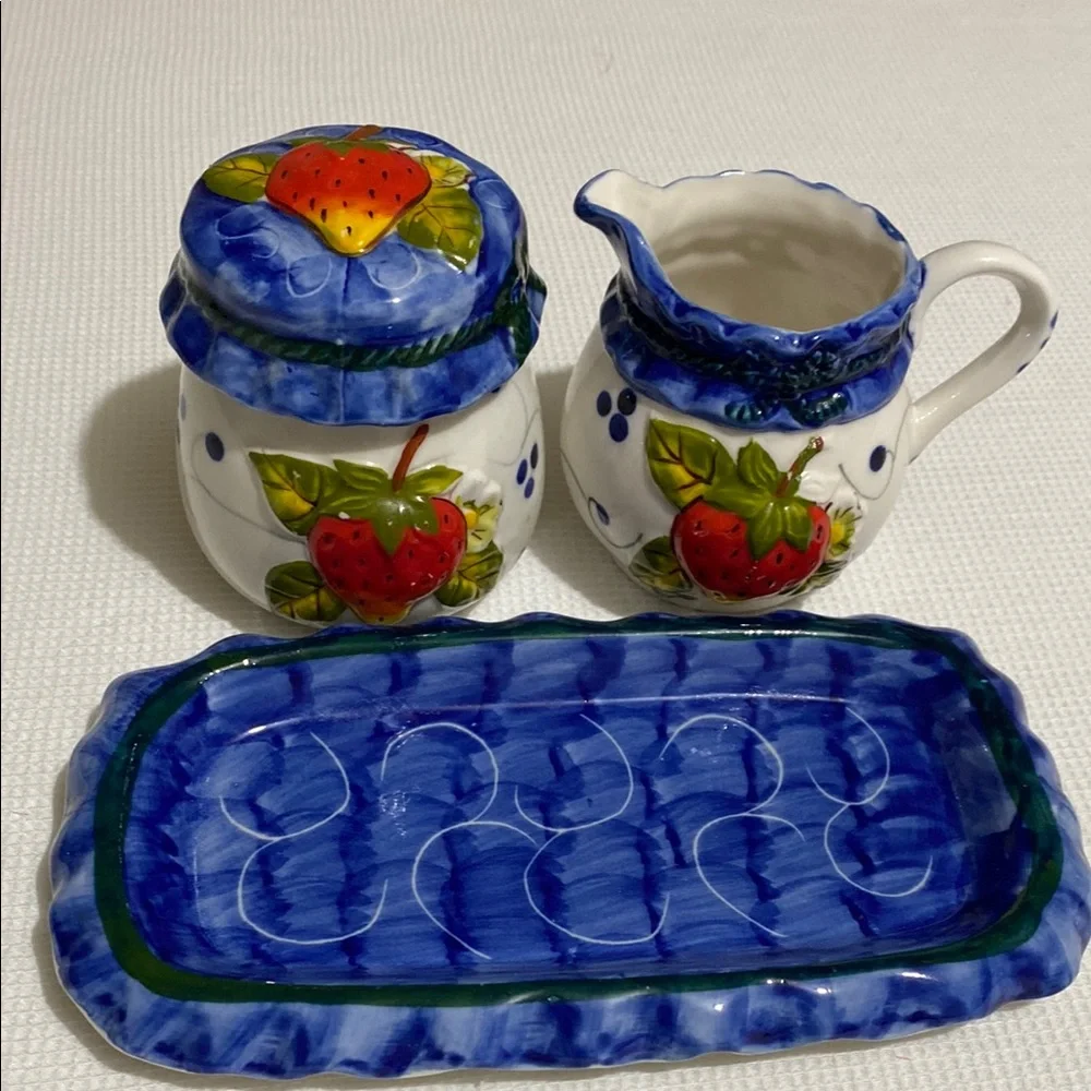 Vintage Strawberry Creamer, Sugar Bowl w/ Lid and Tray Set - Picture 5 of 10